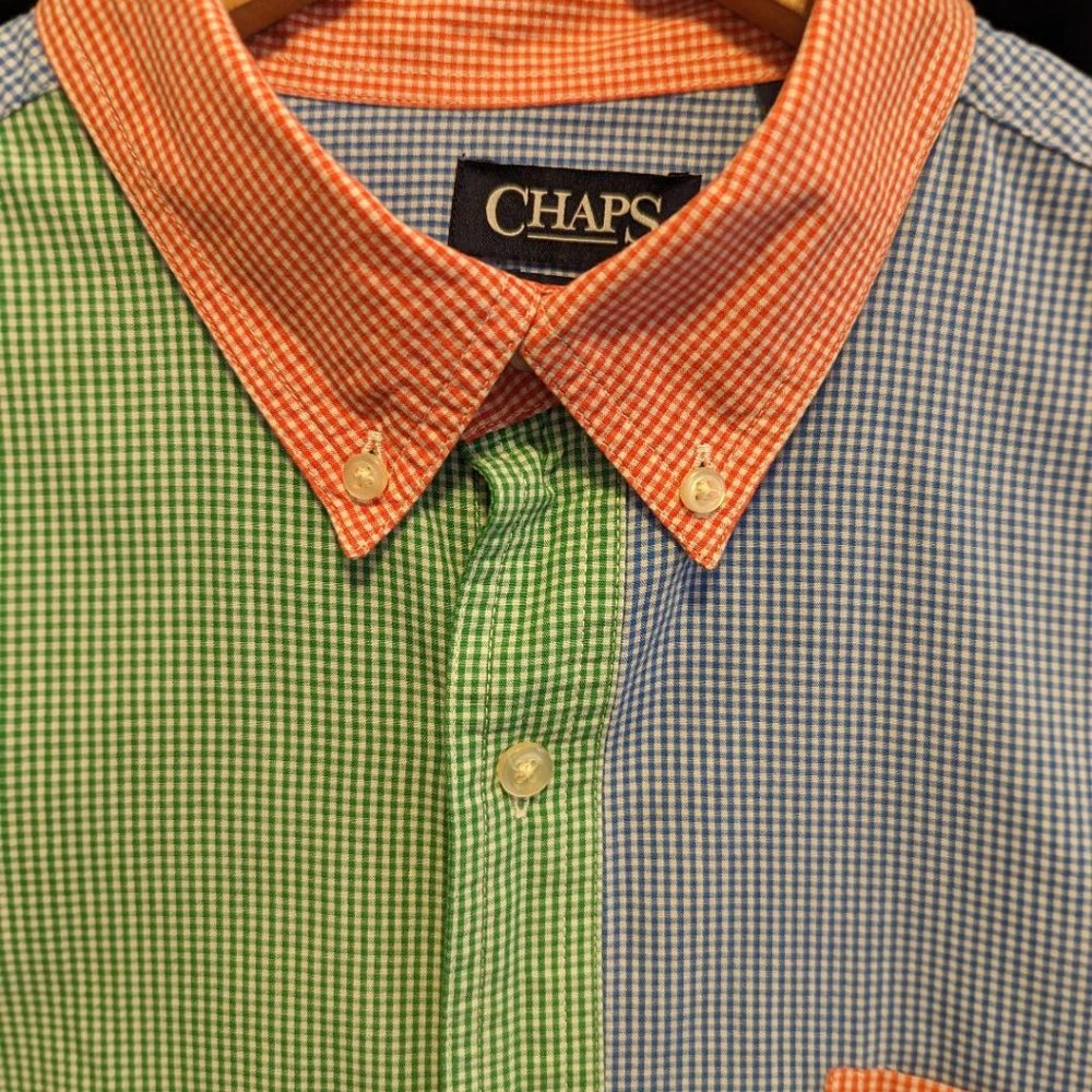 Chaps Colorblock Gingham Preppy Patchwork Button … - image 2